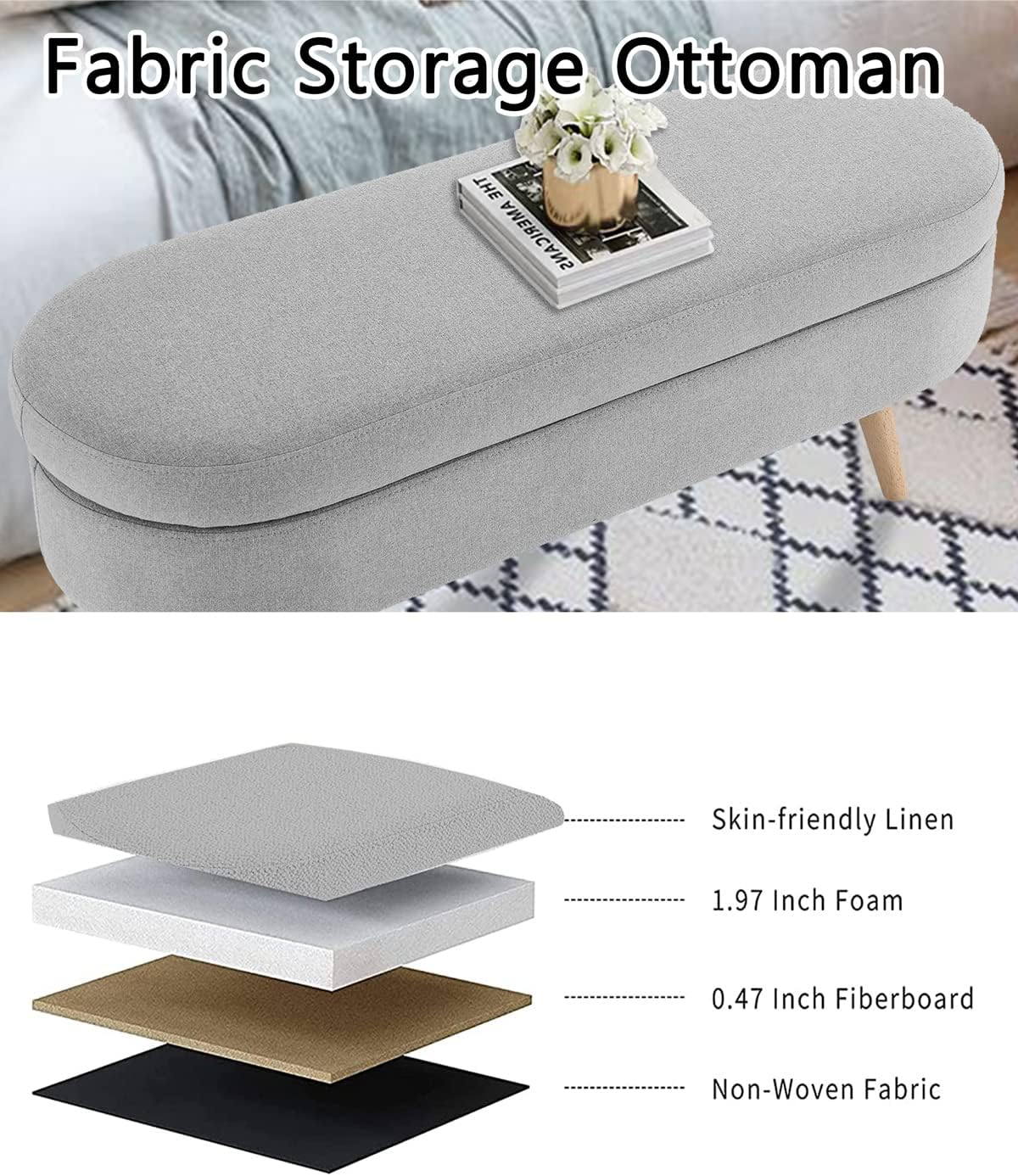 Oval Storage Bench 43.5" Linen Fabric Upholstered Entryway Bench with Solid Wood Legs Ottoman Bench Indoor Bench for Living Room/Bedroom/End of Bed/Entryway (Grey)