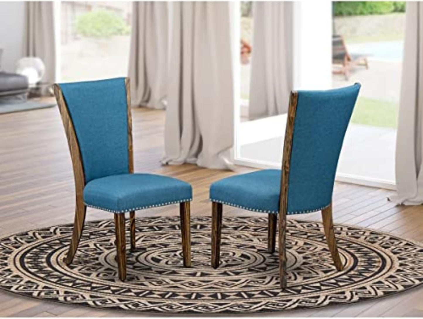 East West Furniture VEP7T21 Verona Parson Kitchen Chairs - Nailhead Trim Blue Color Linen Fabric Upholstered Dining Chairs, Set of 2, Jacobean
