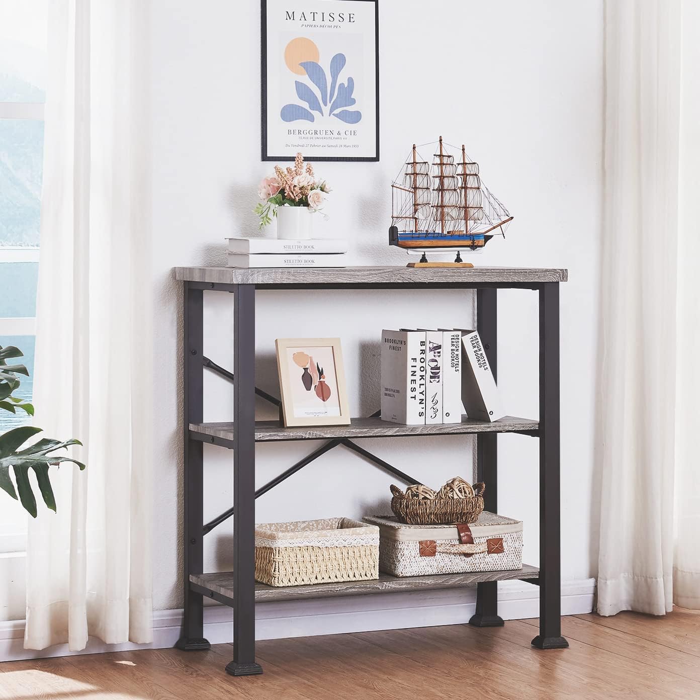 HOMBAZAAR 3 Tier Bookshelf,Grey Industrial Book Shelf,Engineered Wood and Metal Deep Bookshelves,Low Shelf Bookcase for Living Room,Office,Bedroom and Kitchen