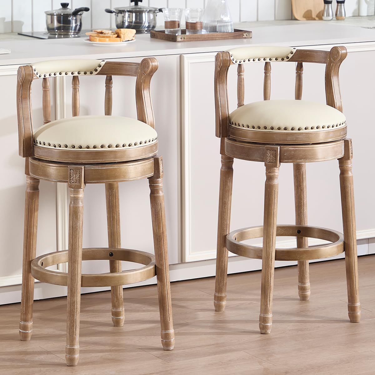 Cow top Leather Wooden Bar Stools, 360 Degree Swivel Bar Height Chair with Backs for Home Kitchen Counter, Morden Chair Barstools (Retro-Beige, Bar Height-Seat Height 29.5”)