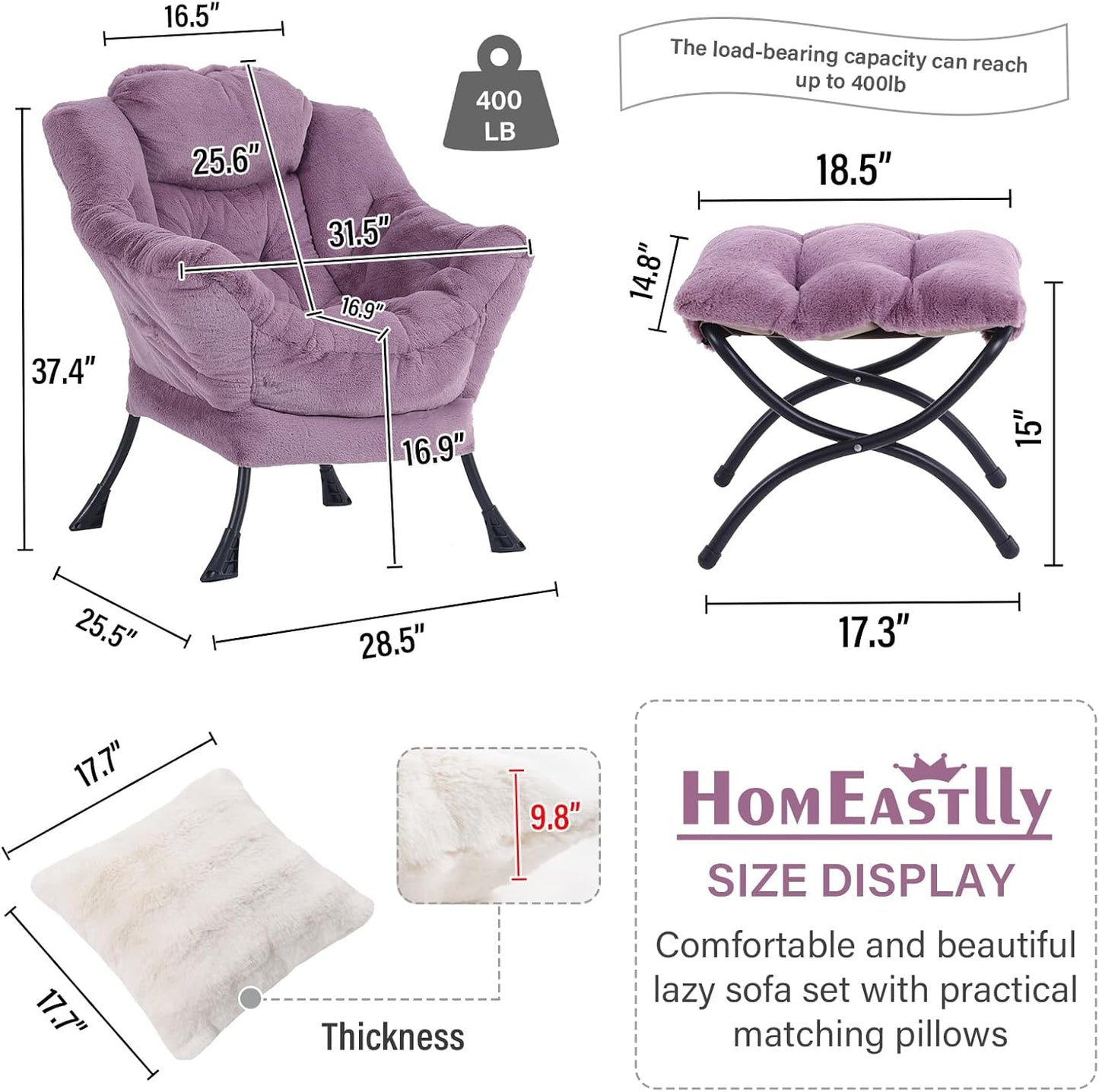 Lazy Chair with Ottoman, Modern Large Accent Lounge Chair with a Pillow, Leisure Sofa Armchair with Ottoman, Reading Chair with Footrest for Bedroom, Living Room, Dorm Rooms,Plush Purple