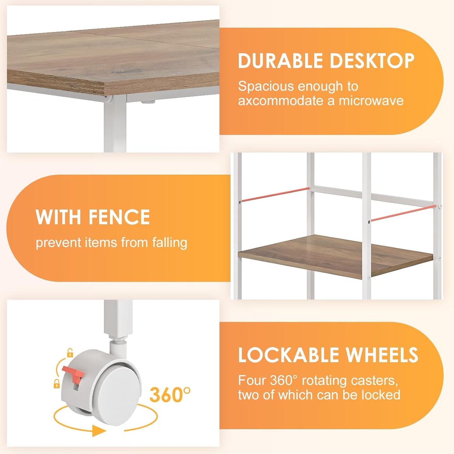 Microwave Cart with Storage, 3-Tier Rolling Kitchen Stand with Basket, Wood and Metal Utility Cart on Wheels, Coffee Bar Station, Small Baker’s Rack As Kitchen Island, Microwave Shelf Organizer, White