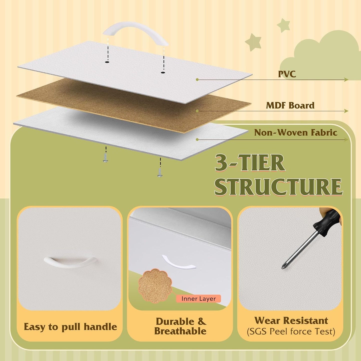 WLIVE White Tall Dresser for Bedroom, 7 Drawer Dressers & Chests of Drawers, Fabric Dresser for Closet, Living Room, Night Stand with Metal Frame, Storage Tower with Fabric Bins, Wood Top