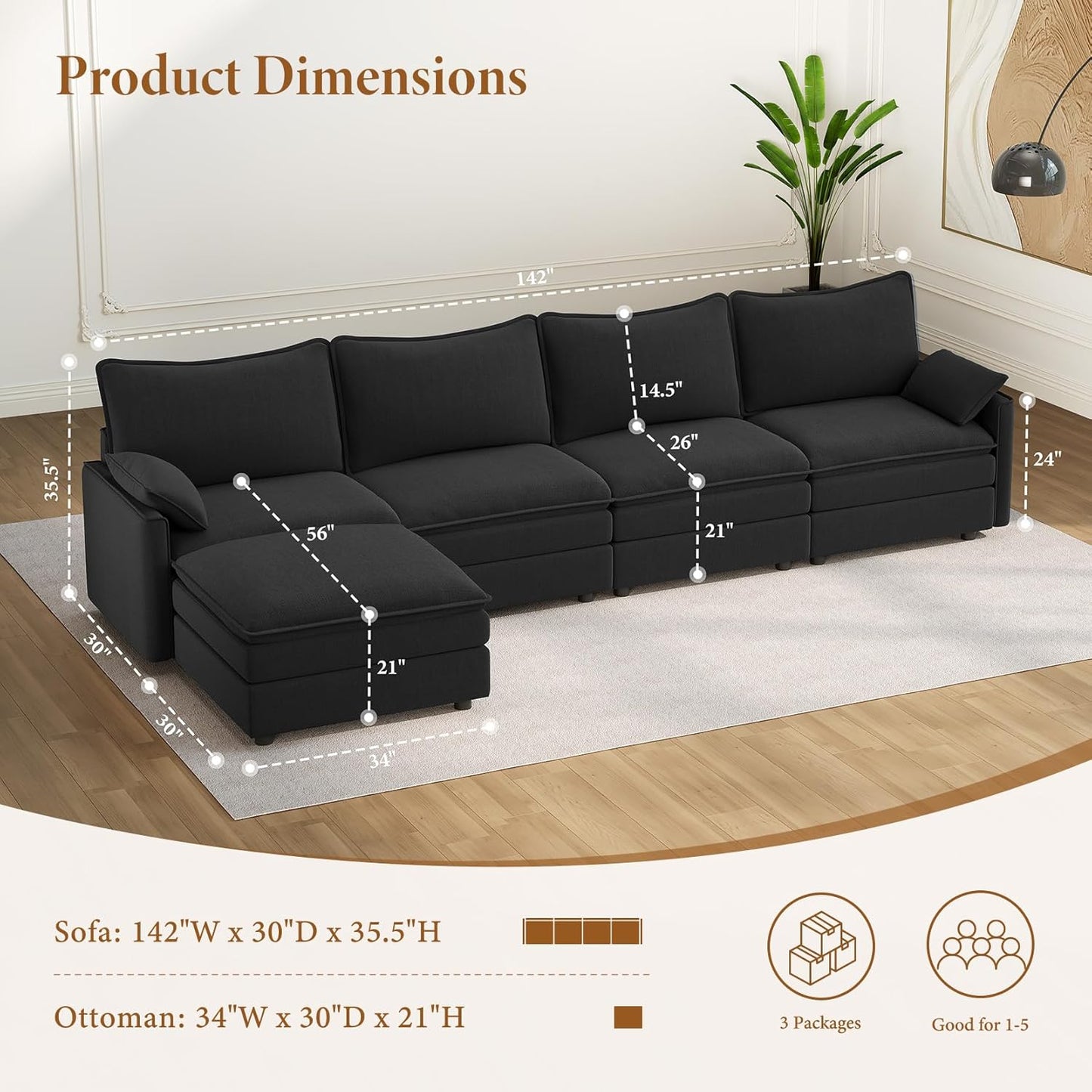 Vesgantti 142" Cloud Couch Sectional Modular Sofa, Comfy Sectional Couch with Ottoman Deep Seat Chenille L Shaped Sofa, Modular Couches for Living Room, Bedroom and Apartment, Black