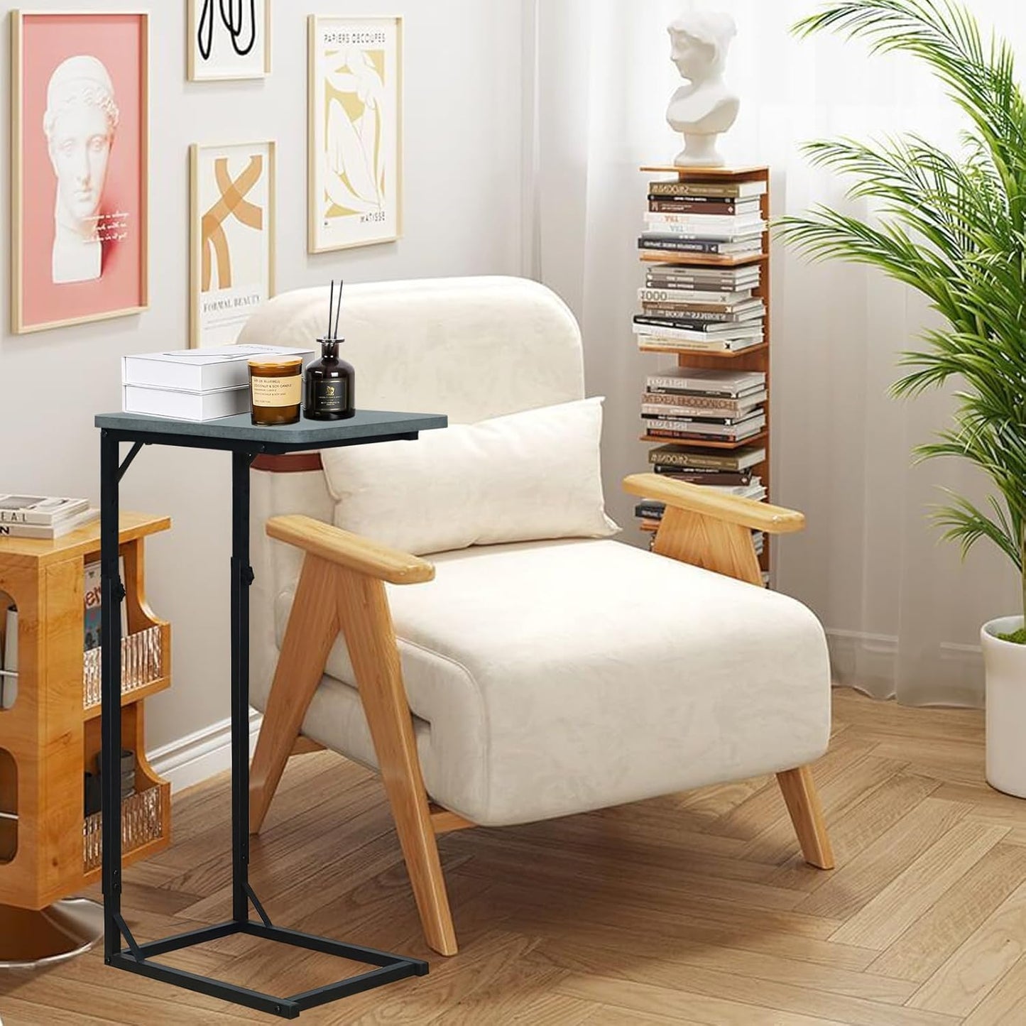 C-Shaped End Table for Couch, Adjustable Sofa Side Table with Sturdy Metal Frame, Small Space Rustic Gray TV Tray Table for Living Room, Bedroom, Bedside, Modern Functional Accent Furniture