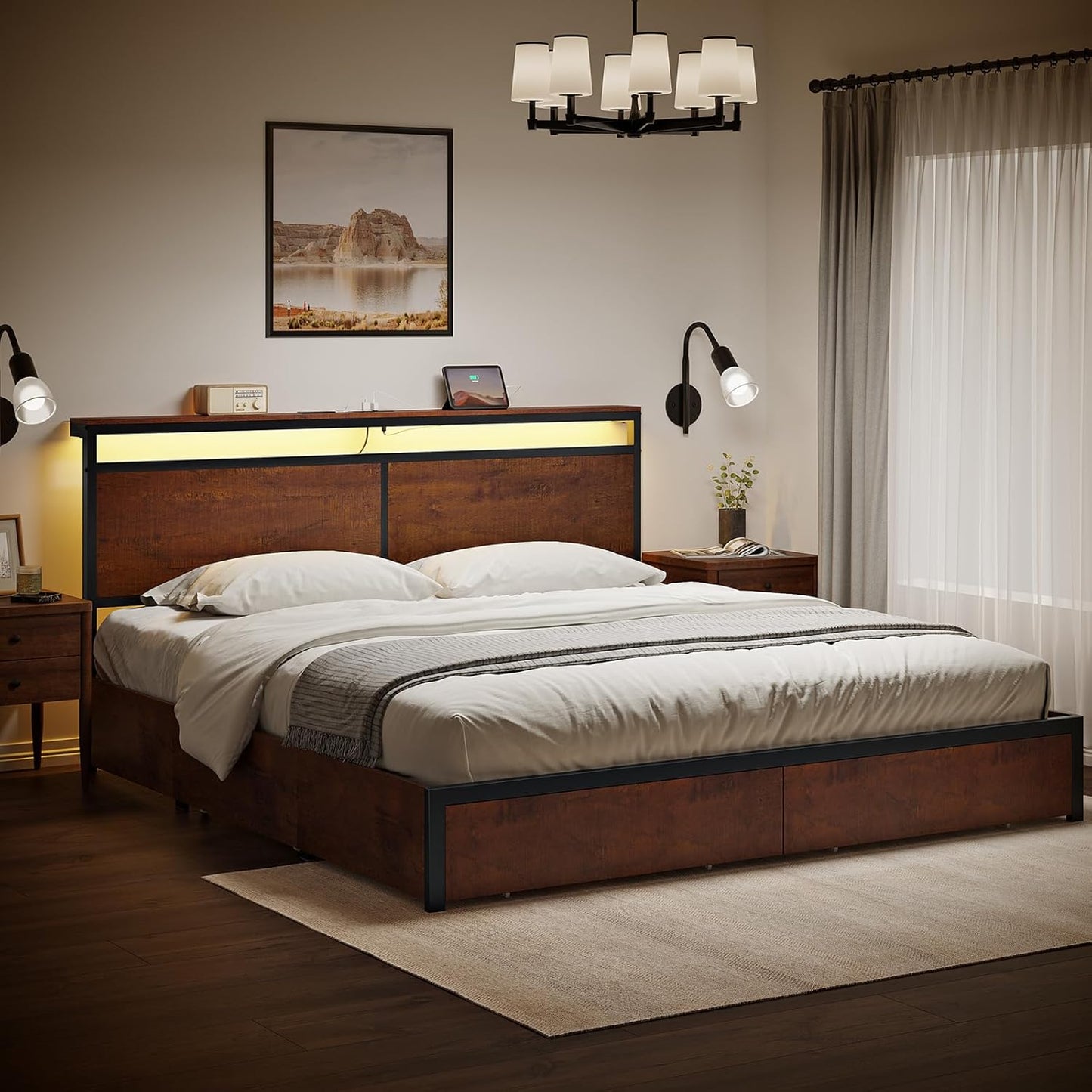 King Bed Frame with Storage Headboard and 4 Drawers Bed Frame King Size with Charging Station LED Lights Metal Platform Non-Slip Without Noise No Box Spring Needed