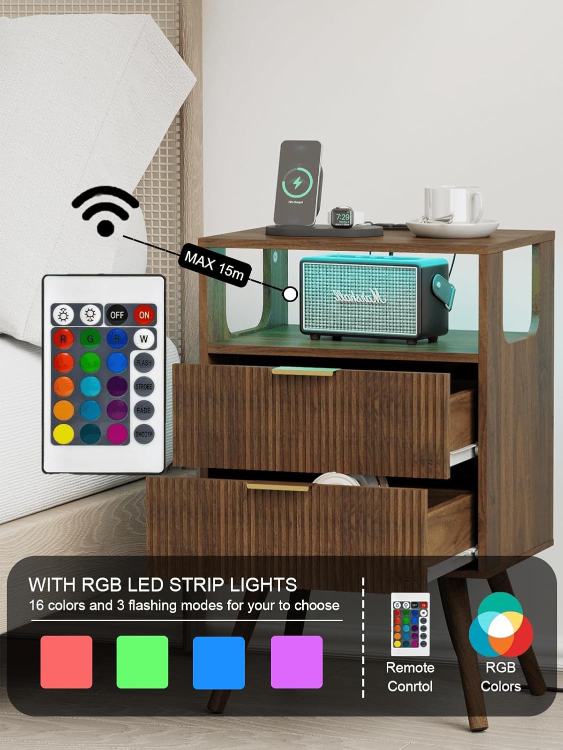 Nightstand, Modern Bedside Table with 2 Storage Drawer and Open Wood Shelf for Bedroom and Small Spaces, Night Stand with Solid Wood Legs (Walnut Brown-Outlet)