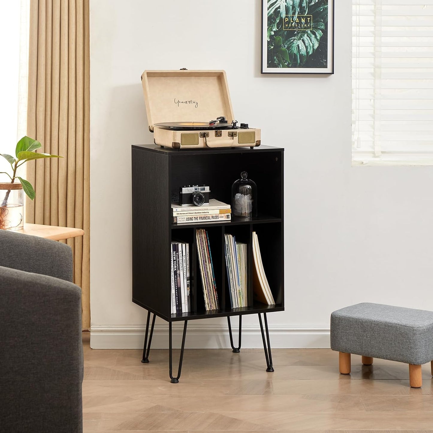 Record Player Stand with Vinyl Storage, Vinyl Record Storage Cabinet Holds Up to 150 Albums, End Table for Record Player, Turntable Stand with Record Storage for Living Room, Black
