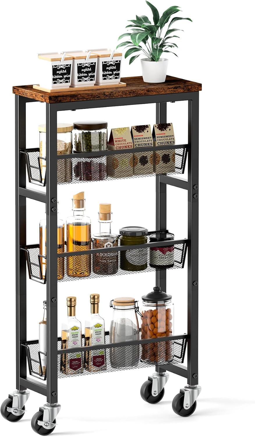 Honest Slim Storage Cart 4-Tier Slim Rolling Cart with Metal Frame and Wooden Top, 6.3 Inches, Storage Cart for Kitchen, Dining Room, Living Room, Bathroom, Home Office, Rustic Brown and Black