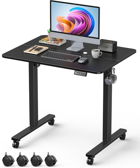 Small Height Adjustable Electric Standing Desk, 31.5" x 23.6" Sit Stand up Desk with Splice Board, Ergonomic Rising Computer Home Office Desk Table with Memory Preset, Black Frame/Black Top