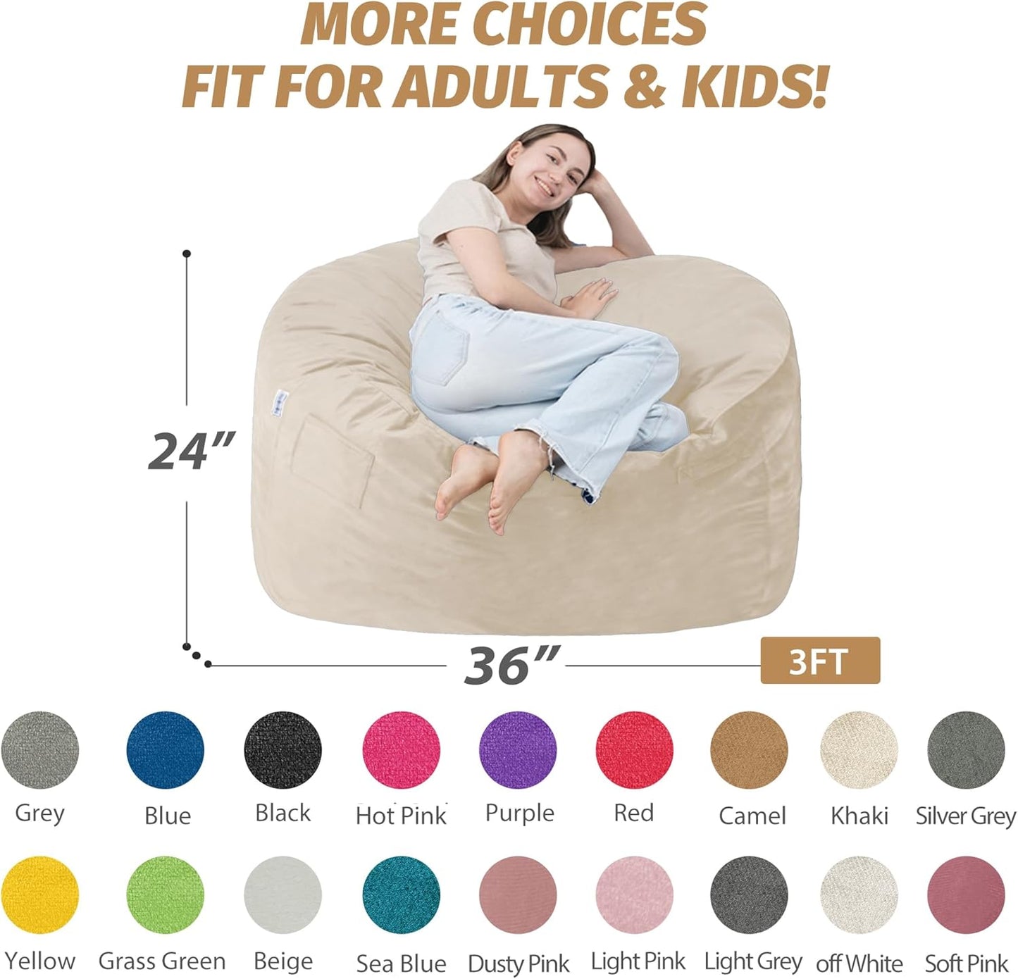3FT Bean Bag Chair with Ultra Soft Velvet Cover Bean Bag Sofa with Memory Foam Bean Bag Chairs with Large Size Lazy Sofa for Dorm Office Living Room Bedroom Beige 3'