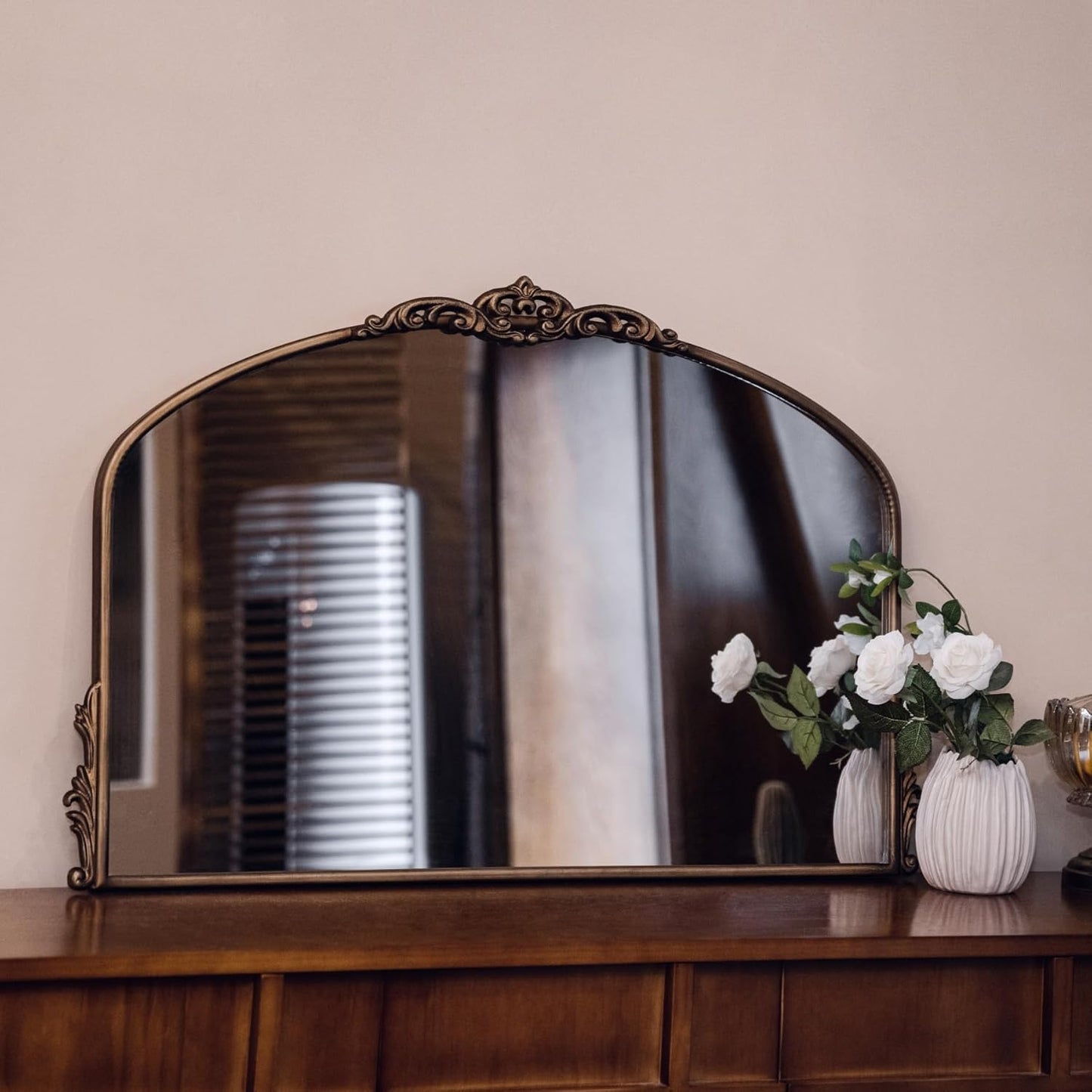 Distressed Antique Brass Wall Mirror Wide - 36x24 inch, Large Vintage Gold Fireplace Mantle Mirror, Baroque Ornate Decorative Bathroom Mirror for Over Sink