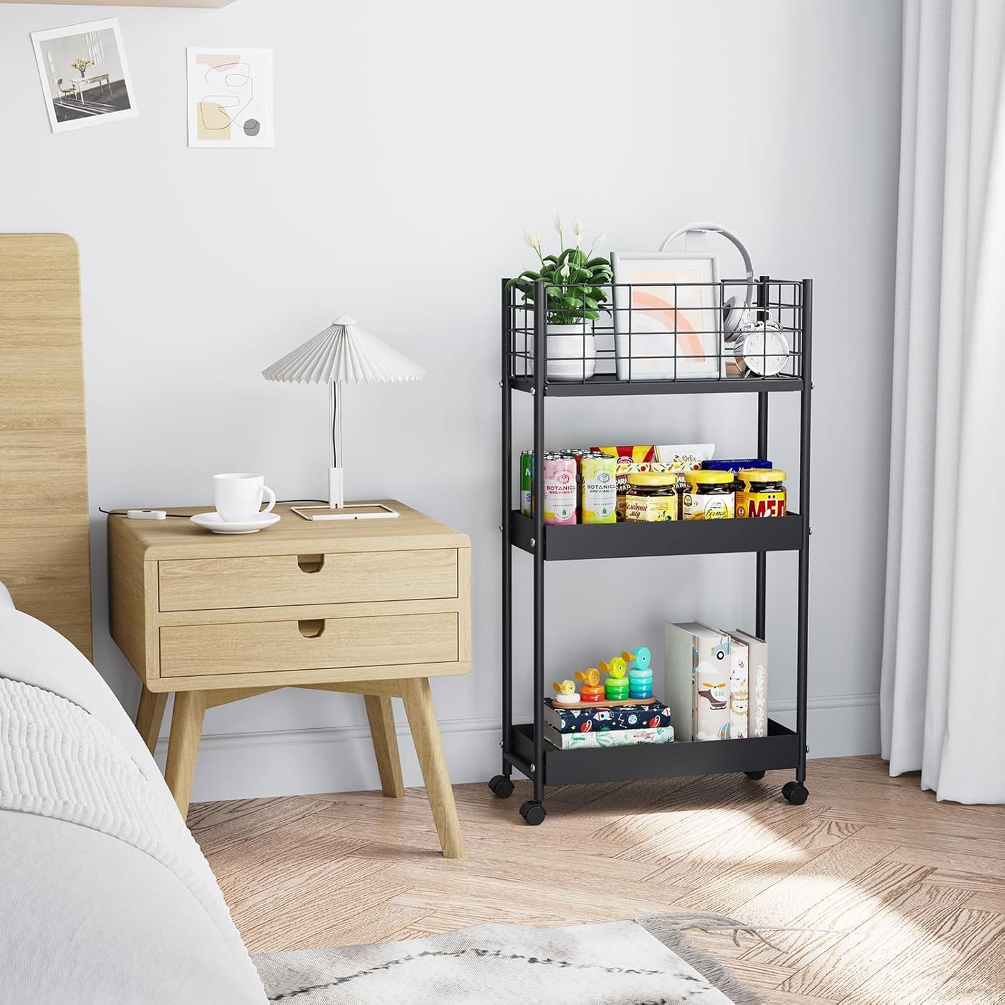 KINGRACK 3-Tier Metal Rolling Cart, Slim Storage Cart, Mobile Shelving Unit Trolley with Wheels, Bathroom Tier,Bathroom Organizer Utility for Laundry Room, Office, Narrow Place, Black