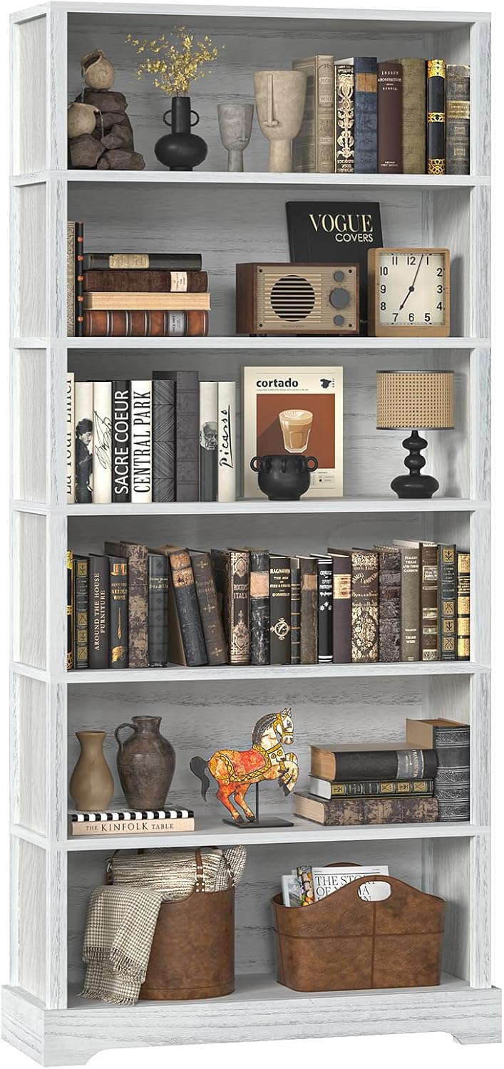 TVU 6 Shelf Bookcase, Freestanding Open Bookshelf, Tall Book Shelf, 11.8" D x 31.5" W x 77.2" H, for Living Room, Dining Room, Study, Office, Antique White
