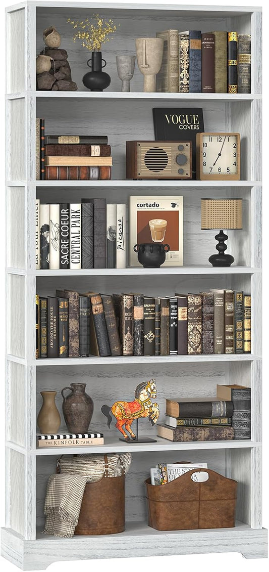 TVU 6 Shelf Bookcase, Freestanding Open Bookshelf, Tall Book Shelf, 11.8" D x 31.5" W x 77.2" H, for Living Room, Dining Room, Study, Office, Antique White