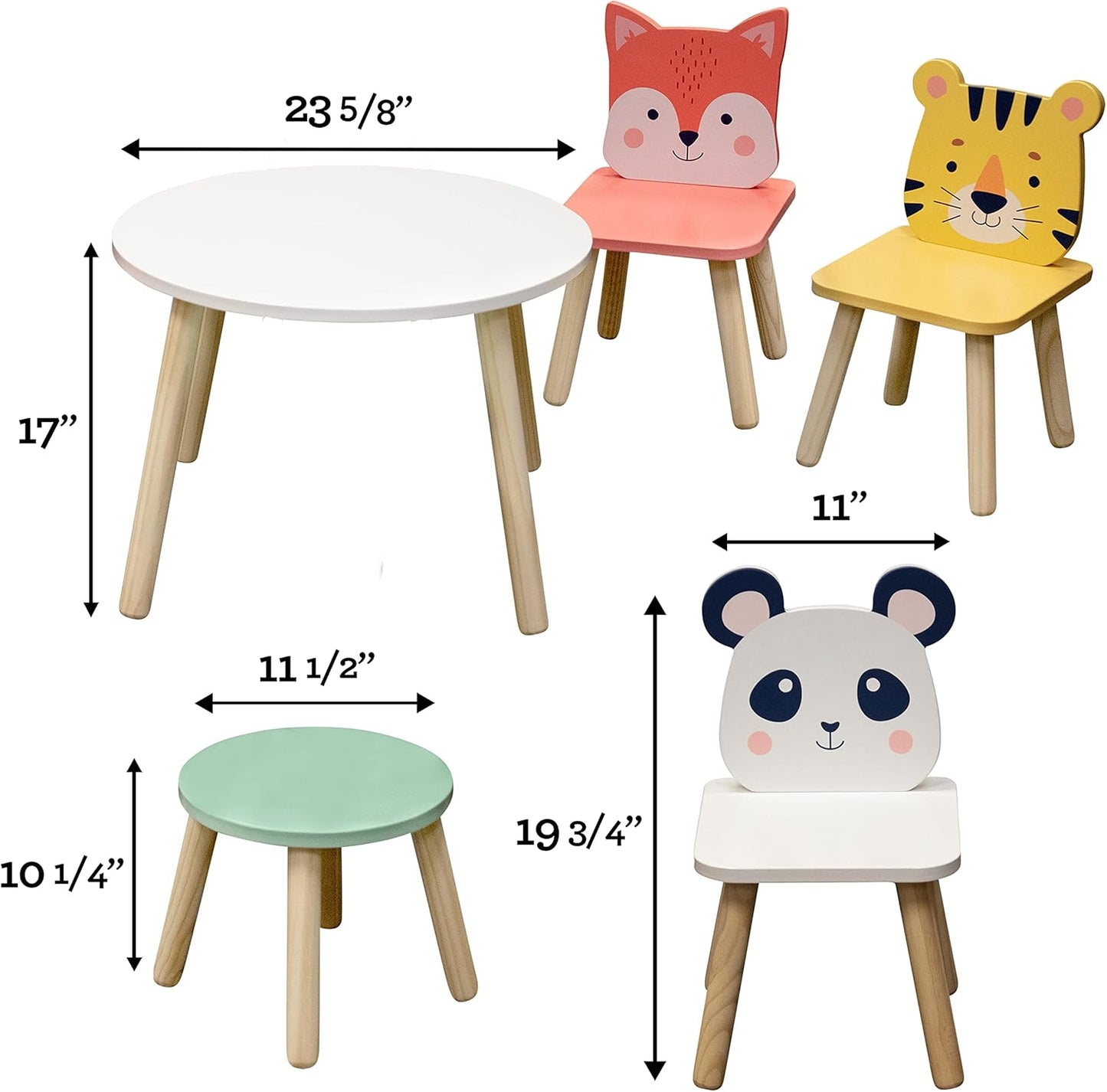 Kids Wooden Animal Table & Chair Set w 4 Seats- Tiger Panda & Fox Plus Adult Stool for Arts Crafts, Dining, Pretend Play- Durable Playroom Furniture for Home Daycare Classroom- Toddler Activity Center