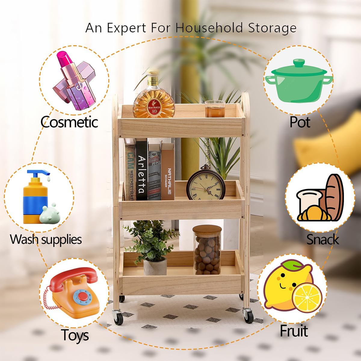 3-Tier Rolling Craft Cart, light-colored wood, Sturdy, Waterproof, with Wheels, for Kitchen, Bathroom, Laundry