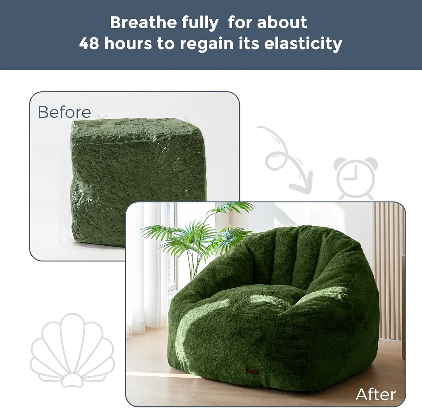 MAXYOYO Giant Bean Bag Chair, Oversized Bean Bag Couch for Adults and Kids, Faux Fur Shell-Shaped Large Chair with Filler, Stuffed Big Accent Sofa Floor Sofa for Gaming, Reading, Green