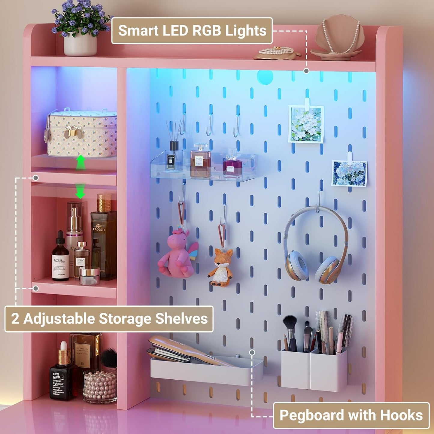 Small Vanity Desk with Hutch and Drawers, Pink Makeup Vanity Desk with Outlets, Vanity Table Dressing Table with LED Lights, Vanity Desks No Mirror with Pegboard for Girls Women, 24"