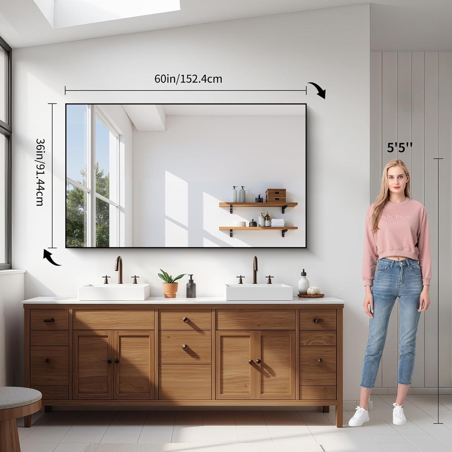 YIROMAN Bathroom Mirror 60"x36", Large Brushed Silver Bathroom Mirror for Over Sink with Aluminum Frame, Rectangular Vanity Mirror with Right Angle, Wall Mirror Hangs Horizontal or Vertical