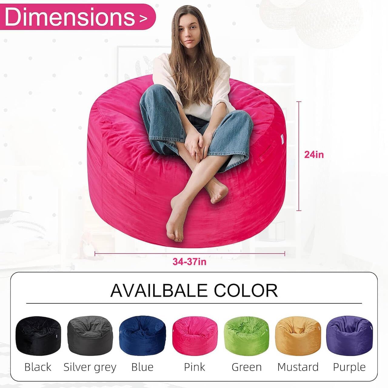 HABUTWAY Bean Bag Chair 3Ft Luxurious Velvet Ultra Soft Fur with High Rebound Memory Foam Bean Bag Chairs for Adults Plush Lazy Sofa with Fluffy Removable Sponge 3' (Hot Pink)