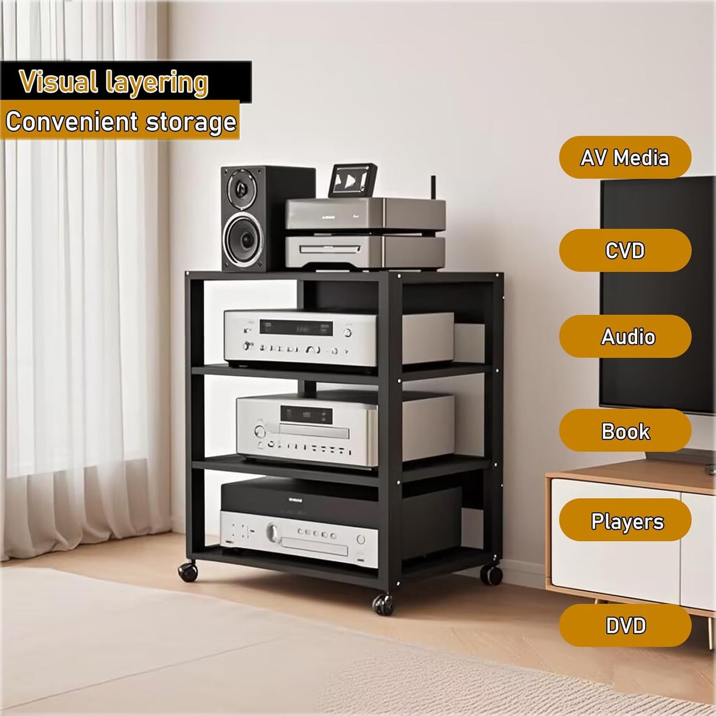 4 Tier Audio Rack Tower, CD Record Player Stereo Receiver AV Equipment Cabinet Display Rack, Weight Capacity 220 lbs, with Adjustable Wooden Shelves for Home (Black, 4tier)