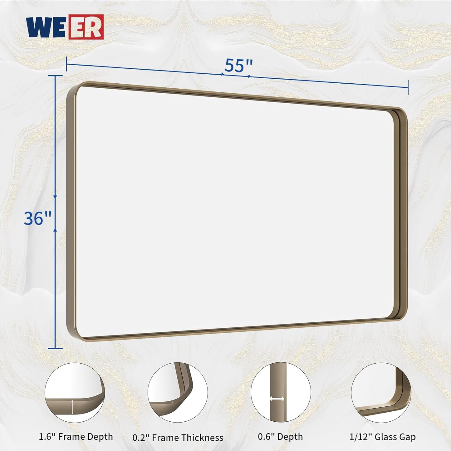 WEER Bronze Framed Modern Wall-Mounted Bathroom Mirror, 55"L x 36"W, Brushed Bronze Aluminum Frame, Shatterproof Tempered Glass, Rounded Rectangle, Horizontal/Vertical Mounting
