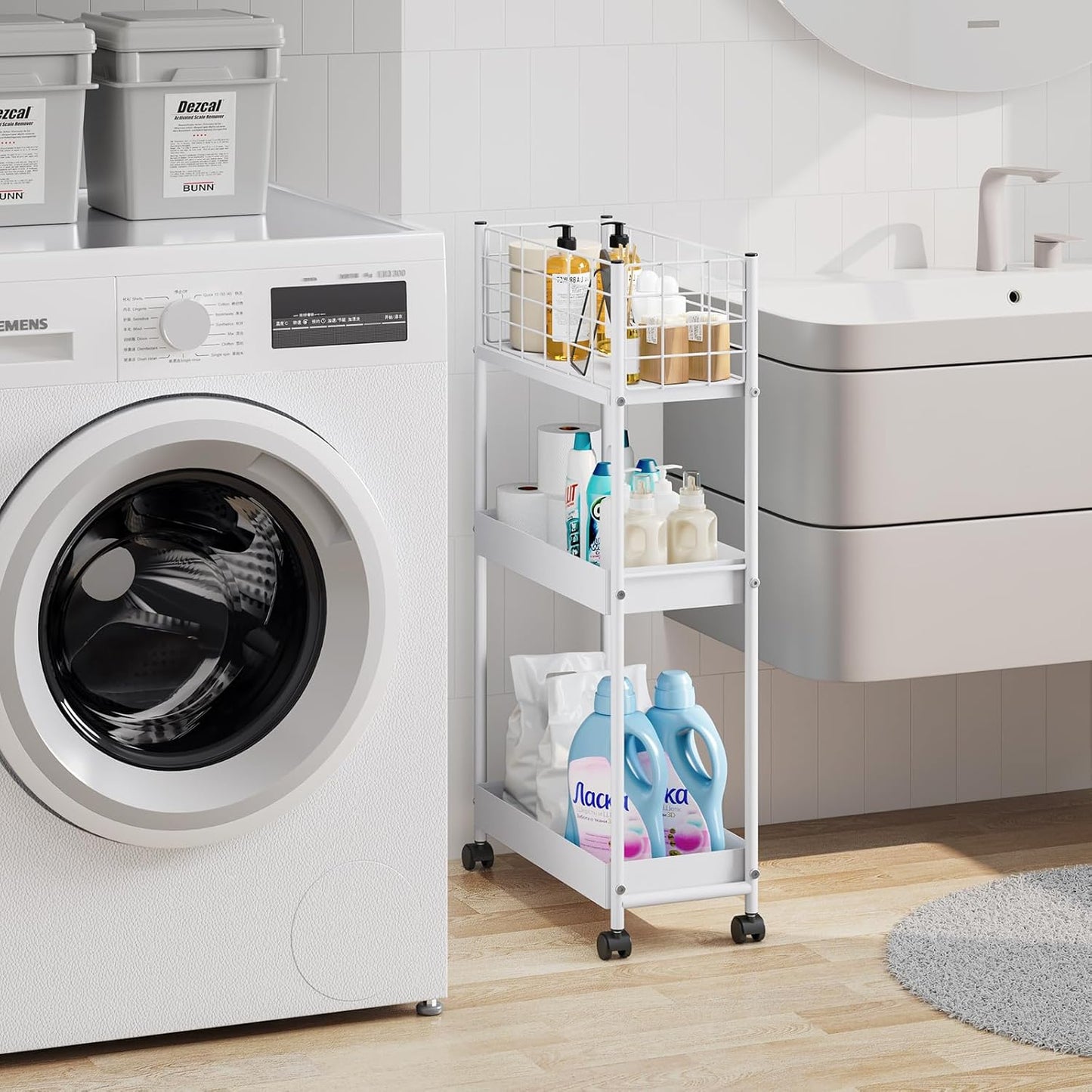 KINGRACK 3-Tier Rolling Utility Cart with Wheels, Metal Slim Storage Cart, Multifunctional Storage Organizer, Rolling Storage Cart for Kitchen, Office, Bathroom, Narrow Place, White