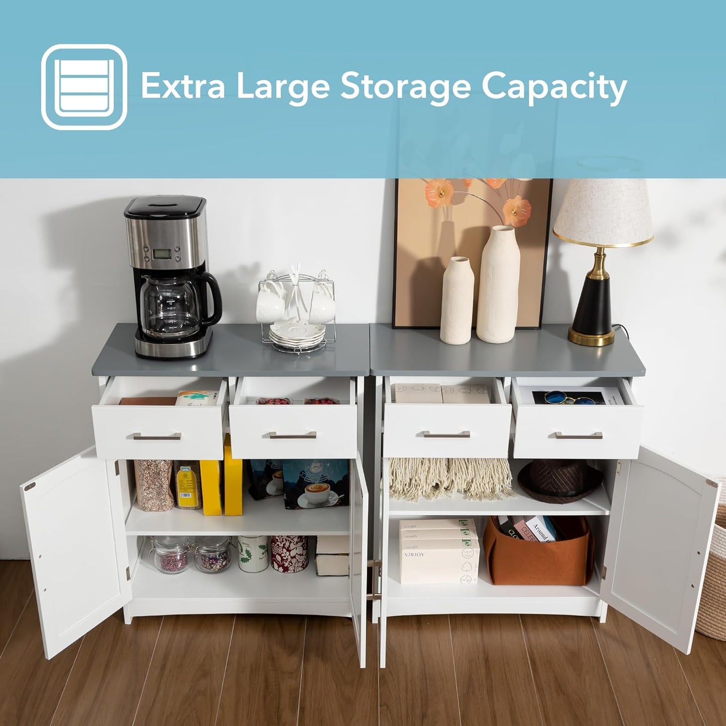 Modern White Buffet Cabinet, 26x30 Inches, 2 Doors, 2 Drawers, Adjustable Shelves, Anti-Fall Drawers, Dining Room Storage