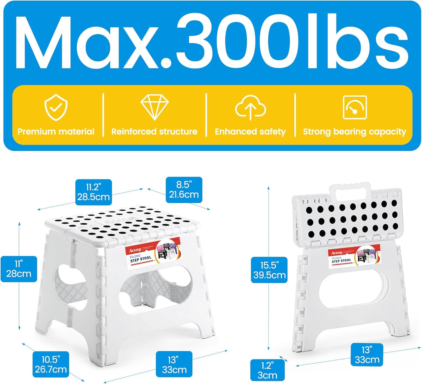 ACSTEP Folding Step Stool for Adults and Kids 11 Height Lightweight Plastic Stepping Stool Foldable Step Stool Hold up to 300lbs Non Slip Collapsible Stool White