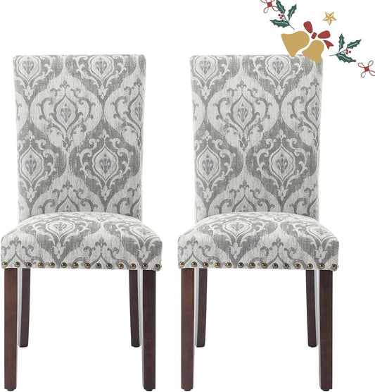 Parsons Dining Chairs Set of 2, Upholstered Nailhead Dining Room Kitchen Side Chair with Thick Cushions and Wood Legs, White/Grey