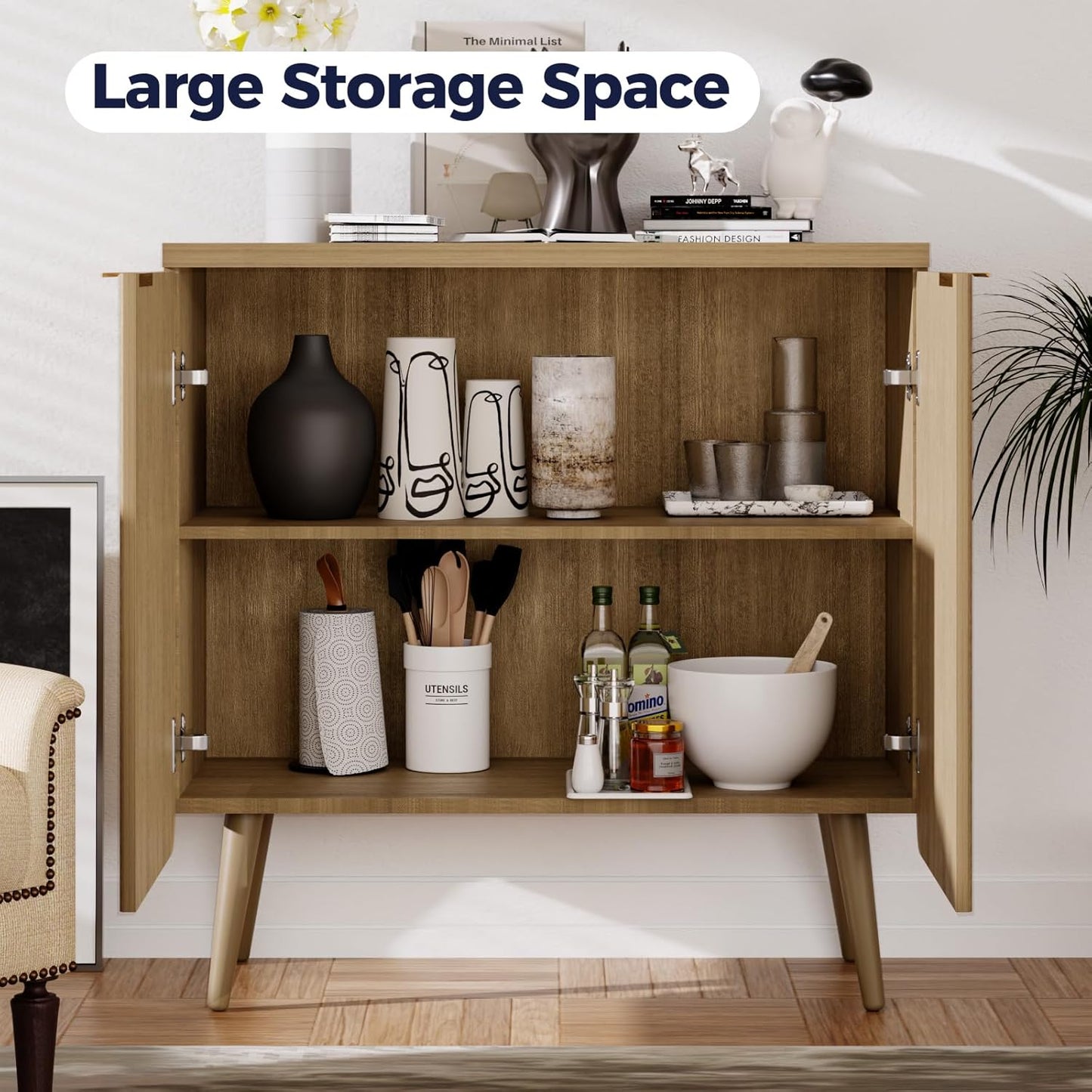 Buffet Cabinet with Storage, Wood Fluted Multifunctional Storage Cabinet with 2 Doors, Sideboard Buffet Credenzas for Living Room, Entryway, Hallway, Natual Oak