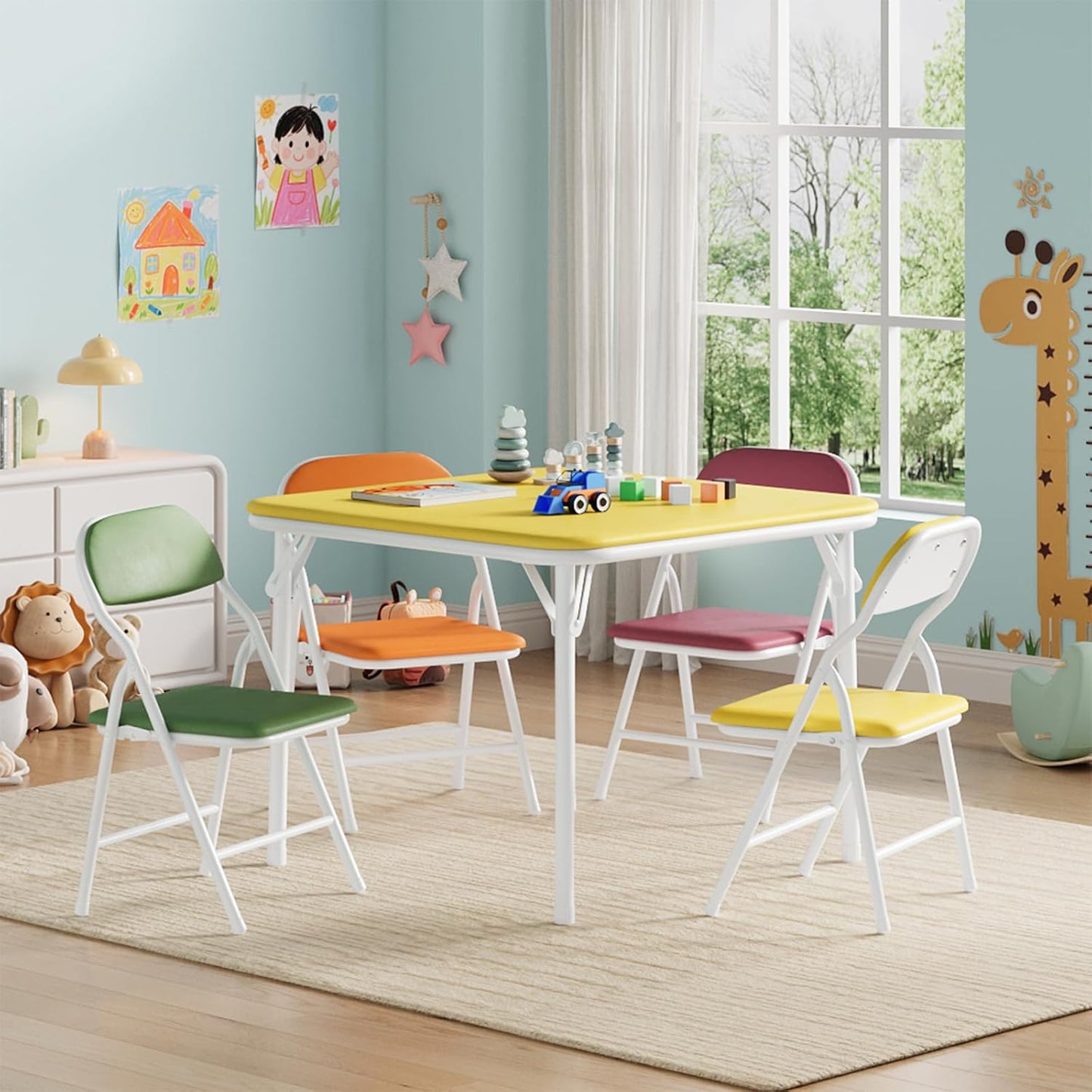 IDEALHOUSE 5 Piece Boys Girls Folding Table and Chairs Set, Activity Table and Chairs Set for Dining Room,Daycare,Classrooms