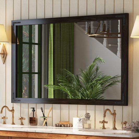 VocalStar Black Wood Framed Mirror 48 x 32 Inch, Rustic Natural Black Wooden Rectangle Bathroom Vanity Wall Mirror for Farmhouse Boho Decor, 1/4-inch Shatterproof Glass | Waterproof