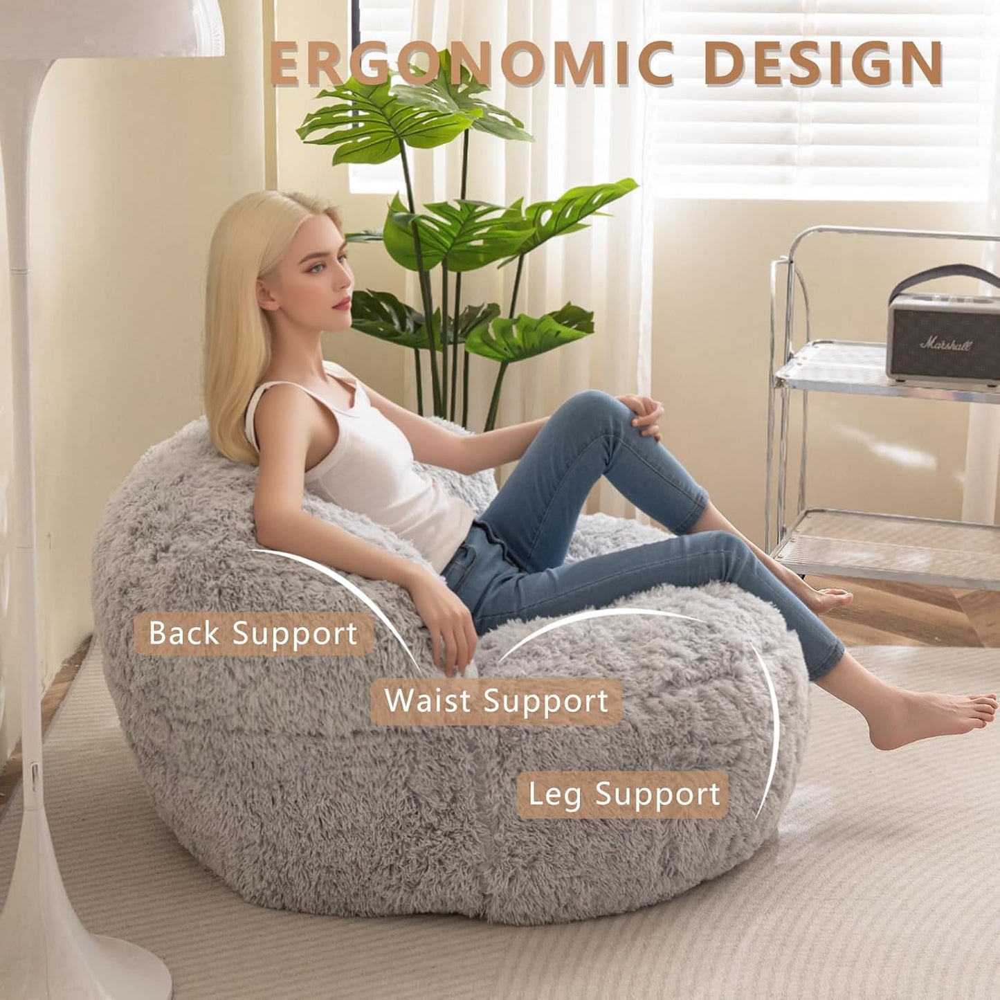 BYBYME Giant Bean Bag Chair, Faux Fur Bean Bag Couch with Filler Large Living Room Bean Bag Chairs for Adults, Big Lazy Sofa Accent Chair with Pocket Floor Chair