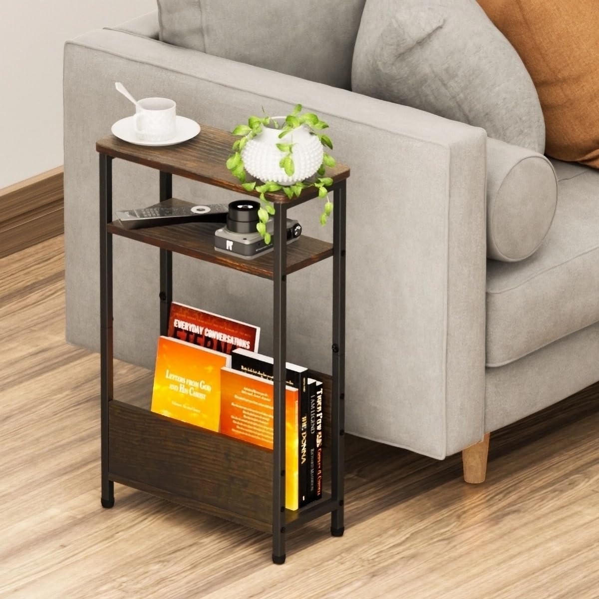7.1" Narrow Side Table for Small Spaces, 3 Tier Small End Table with Magazine Holder, Slim/Skinny Nightstand/Bedside Table for Living Room, Bedroom, 15.4" L x 24.2" H