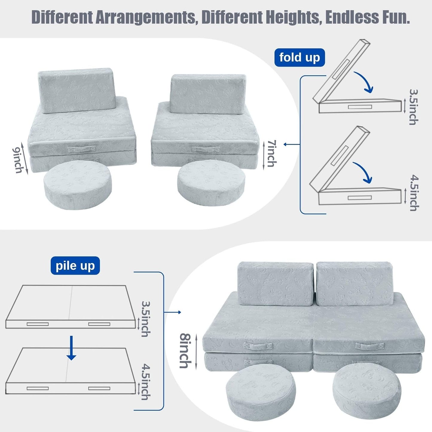 MeMoreCool Modular Kids Play Couch Sofa, Gray 8-Piece Fold-Out Convertible Toddler Couch with Rocket, Star, and Moon Patterns for Playroom
