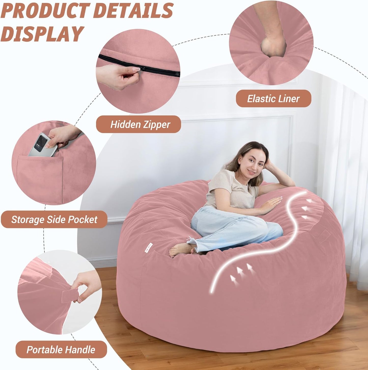 5FT Bean Bag Chair with Ultra Soft Velvet Cover Bean Bag Sofa with Memory Foam Bean Bag Chairs with Large Size Lazy Sofa for Dorm Office Living Room Bedroom Dusty Pink 5'