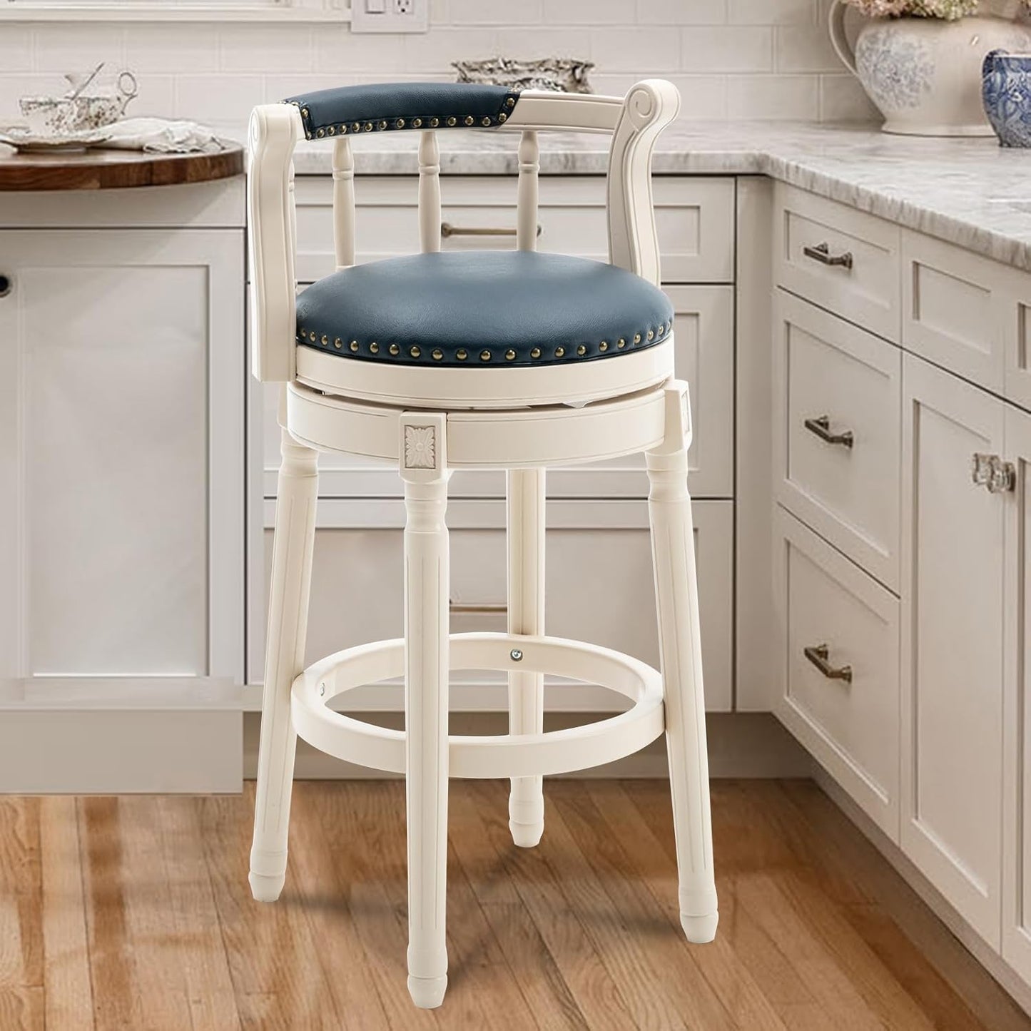 CozyRain Bar Stools Modern Swivel Barstools, Kitchen Counter Genuine Leather Upholstered Bar Stool Island Barstool with Footrest for Home Kitchen Dining Room (Blue, Seat Height 29.5 in)