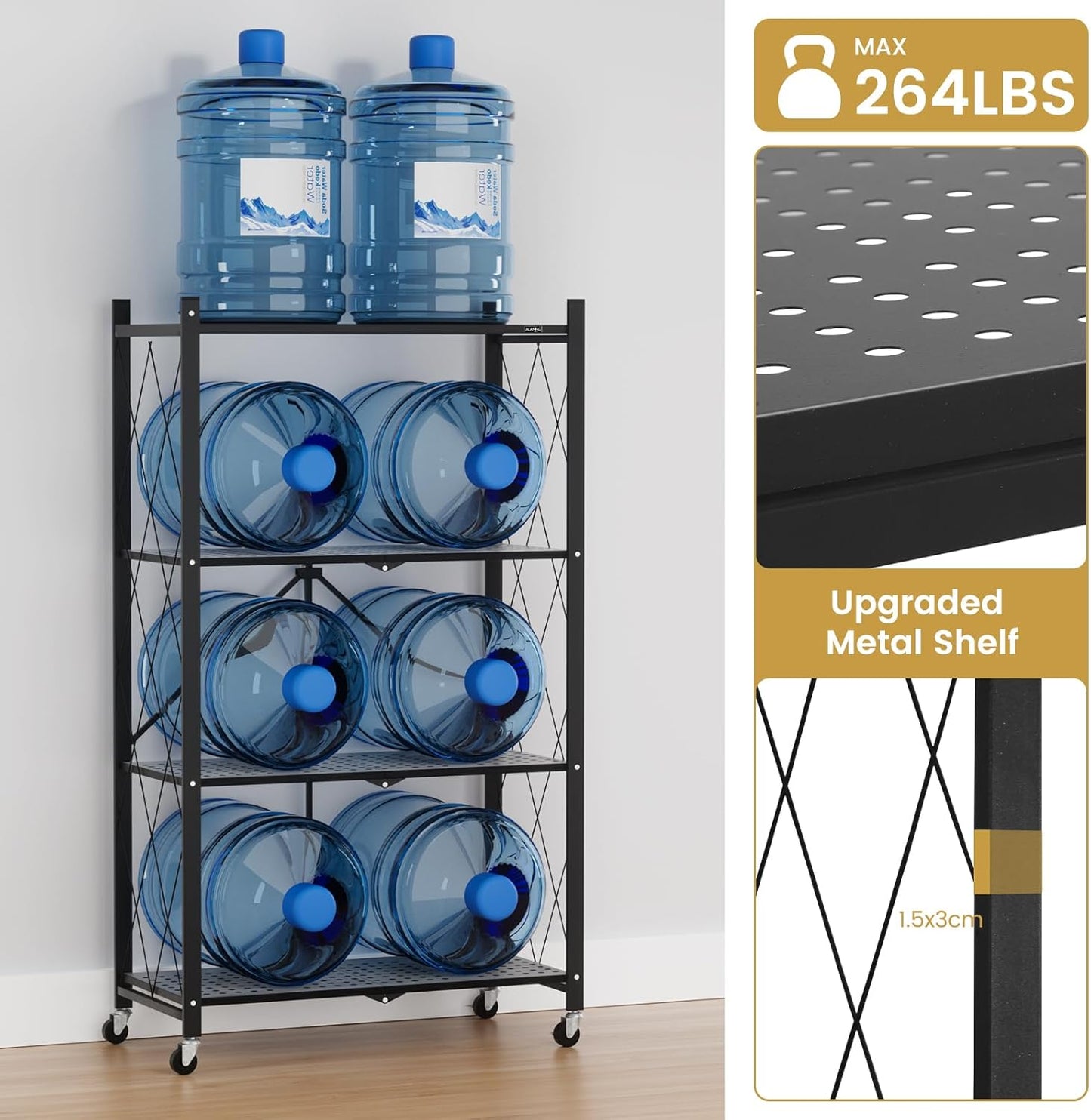 ALANNG Storage Shelves with Wheels, Bookshelf with Storage, No Assembly Metal Rack Cart for Kitchen, Office, Laundry, Garage (4 Tier, Black)