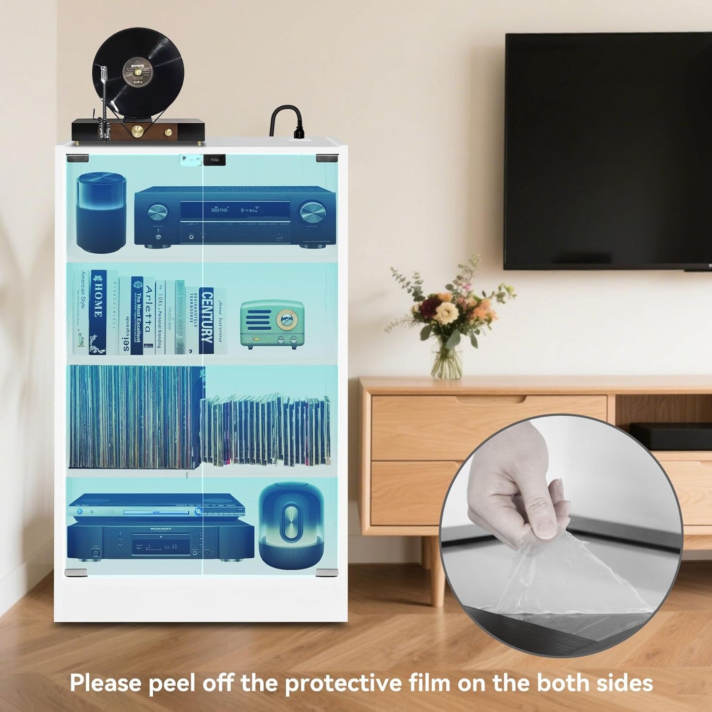 4-Tier Media Cabinet with LED Lighting, Audio/Video Stand Featuring Built-in USB Ports and Electrical Outlets, Designed for Living Rooms and Gaming Spaces, Glass Doors