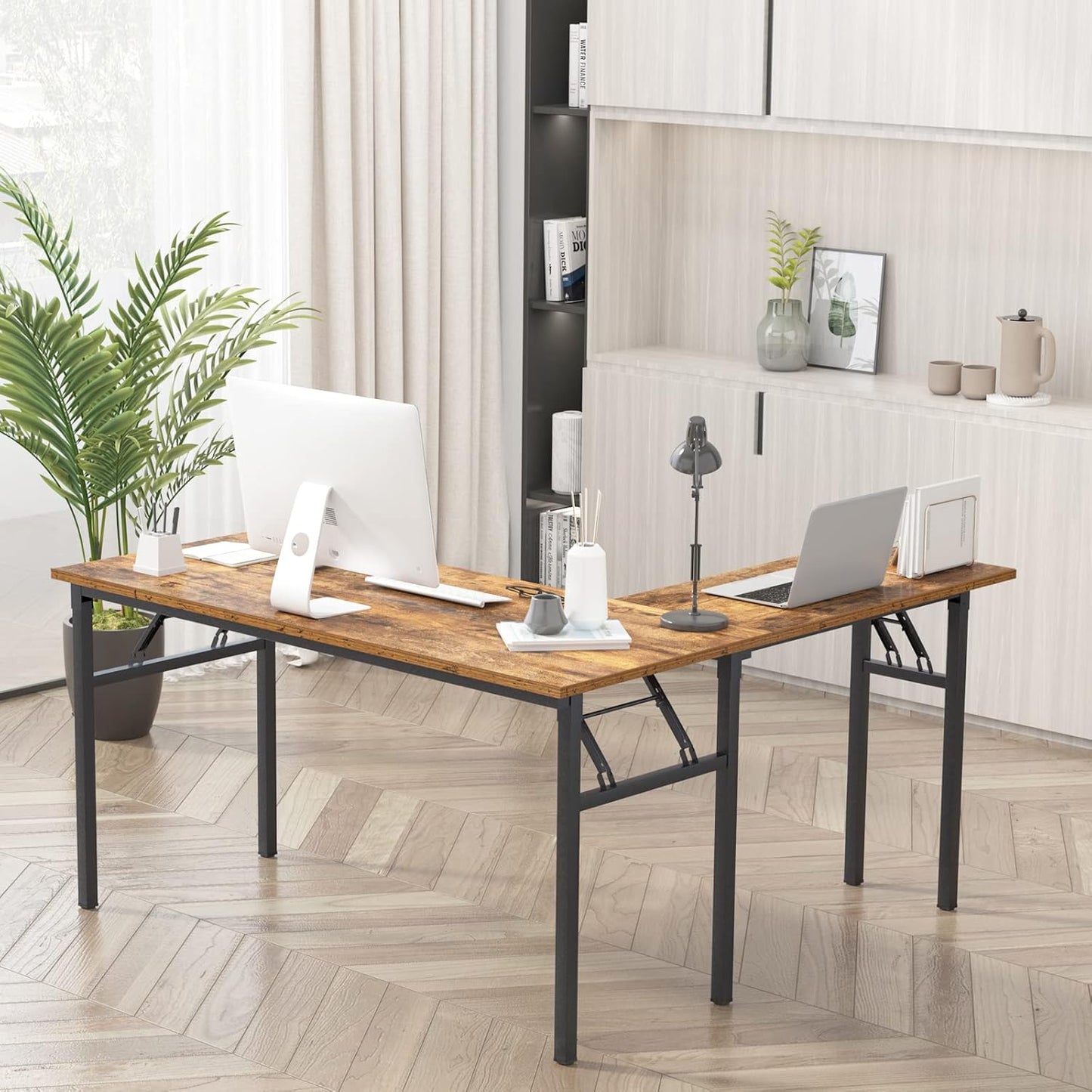 DlandHome Reversible L-Shaped Desk Large Corner Desk Folding Table Computer Desk Home Office Table Computer Workstation,Retro-N