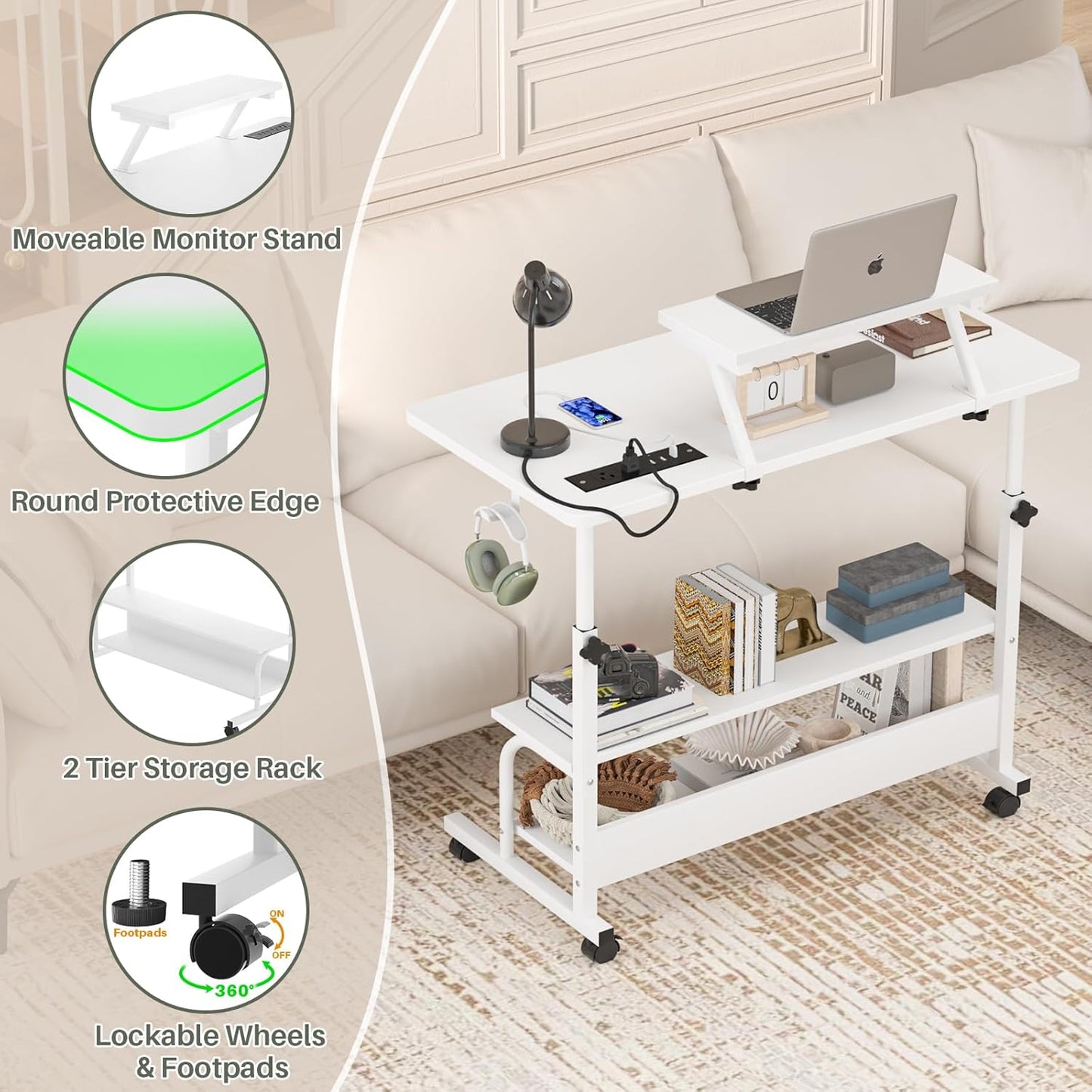 Height Adjustable Standing Desk with Power Outlets and LED Lights - 32" Manual Stand Up Desk with Monitor Stand and Storage Shelves Small Mobile Rolling Computer Desk Portable Laptop Table, White