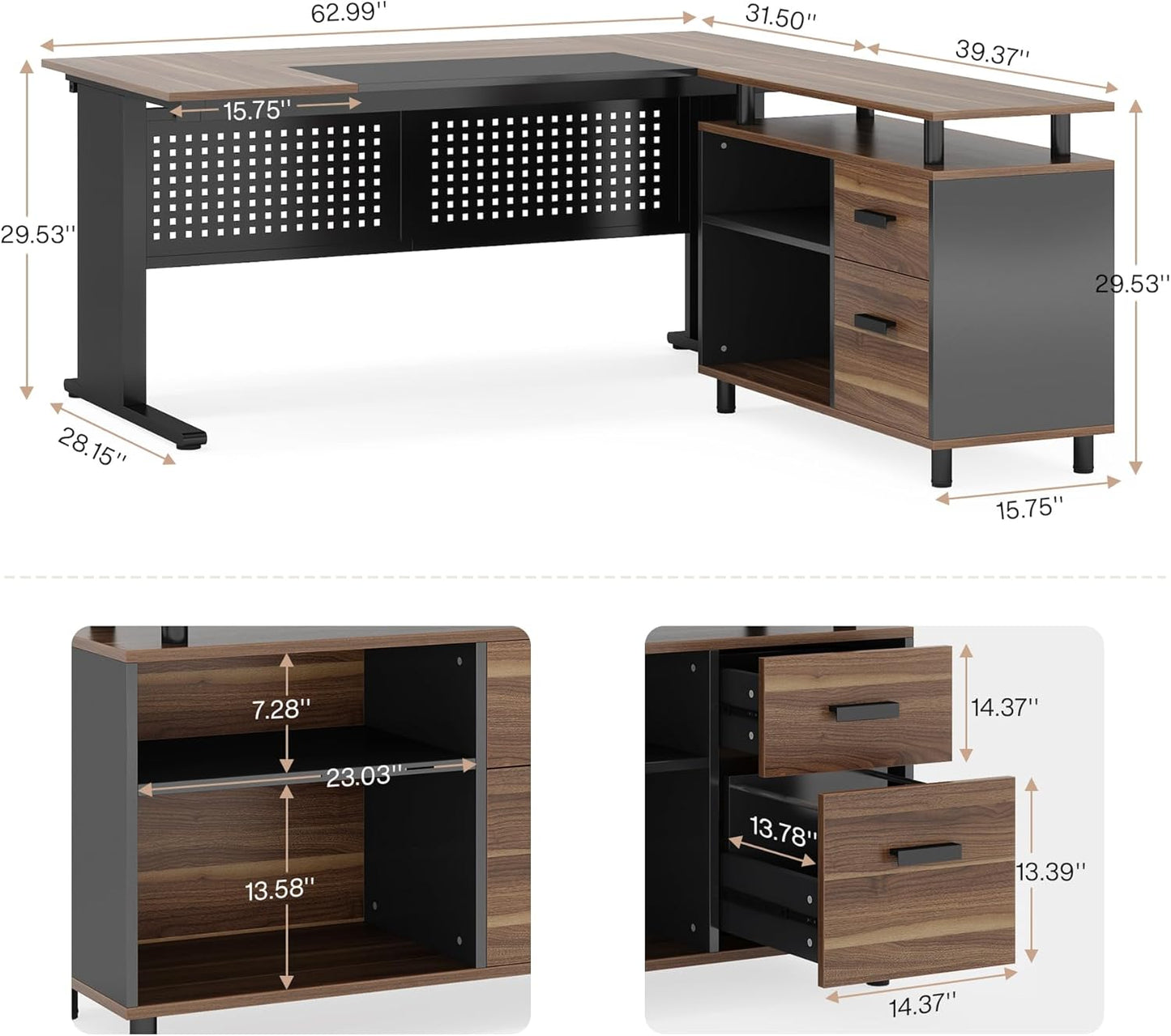 LITTLE TREE Large Computer Desk with File Cabinet, 63 Inch L Shaped Executive Office Desk with Drawers and Storage Shelves, Business Furniture Workstation for Home Office