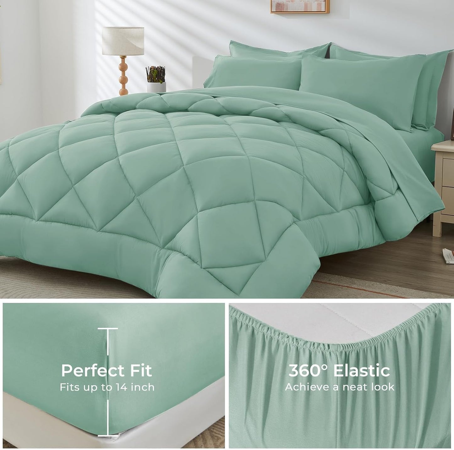 HEVUMYI Sage Green Twin Comforter Set - 5-Piece All Season Bed in a Bag Twin, Ultra Soft Bedding Set with Comforter, Flat Sheet, Fitted Sheet, Pillowcases, Pillow Shams, Sage Green