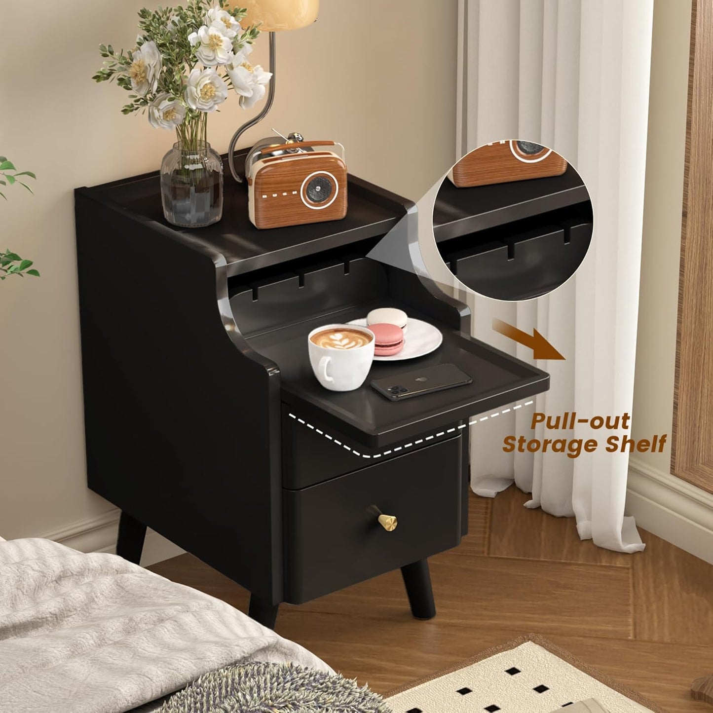 Narrow Nightstand, Solid Wood Night Stand with 2 Drawers, White Mid Century Modern Nightstand, Small Beside Table with Open Storage Shelf for Bedroom（12 inch