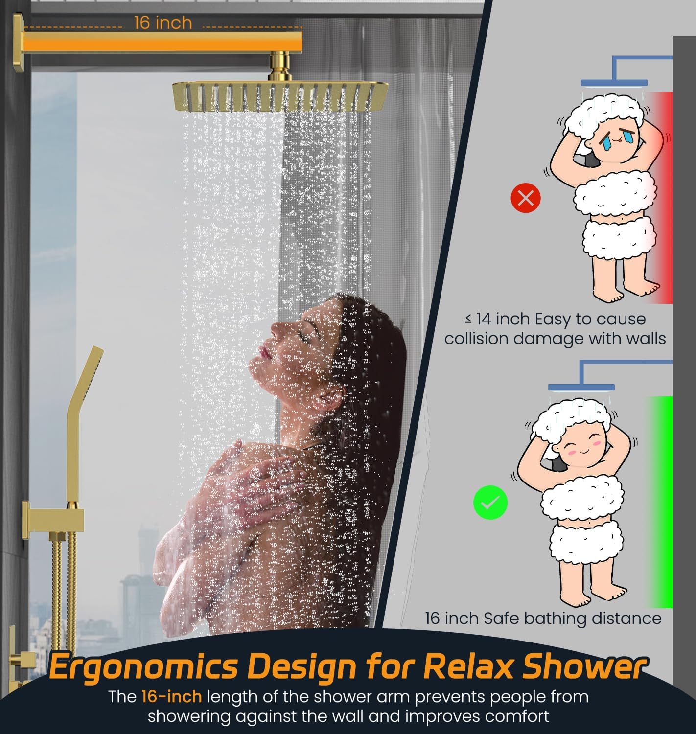 SR SUN RISE Shower Faucets Sets Complete Brushed Gold Square Rain Shower Head with Handheld Spray All Metal Shower Faucet Trim Repair Kits (Contain Shower Valve)