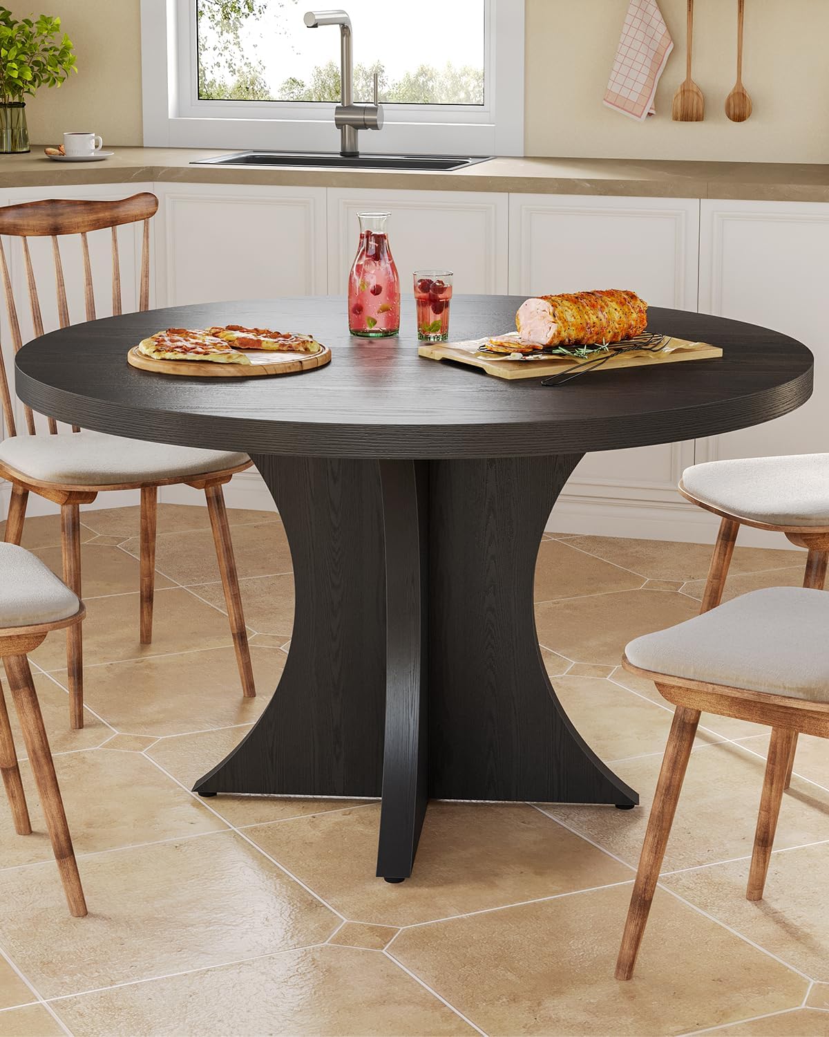 LITTLE TREE Round Dining Table for 4-6, 47.24 Inches Farmhouse Wooden Kitchen Table with Spacious Tabletop for Dining Room, Black