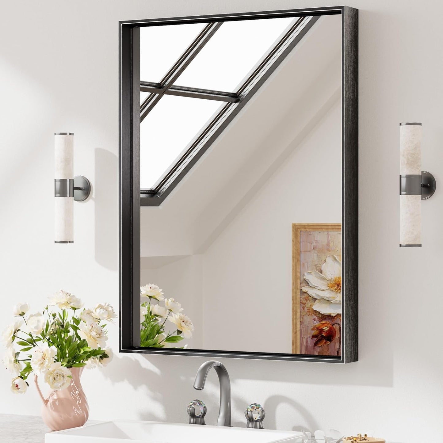 Keonjinn Black Mirror for Wall 24 x 32 Inch Rectangle Bathroom Vanity Mirror for Over Sink Metal Framed Farmhouse Mirror Square Corner Brushed Rectangular Mirror for Bathroom Sink(Horizontal/Vertical)