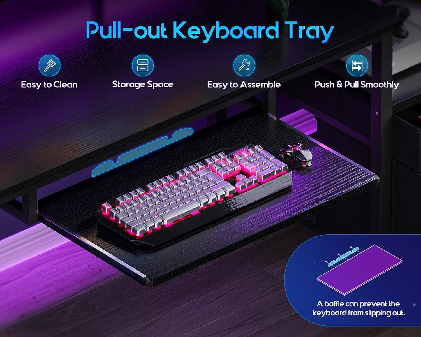 AODK Computer Desk with Drawers and Keyboard Tray, 63" Office Desk with Power Outlet and LED Lights, Reversible Study Work Desk with Printer Shelf and PC Stand for Home Office, Black